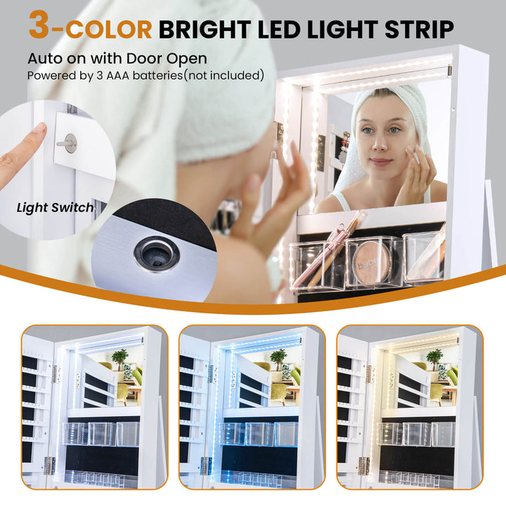 360 Degree Mirrored Jewelry Armoire with 3 Color Auto on LED Lights Rustic - TidySpaces