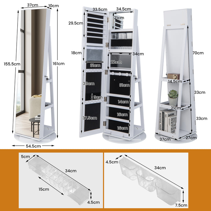 360 Degree Mirrored Jewelry Armoire with 3 Color Auto on LED Lights Rustic - TidySpaces