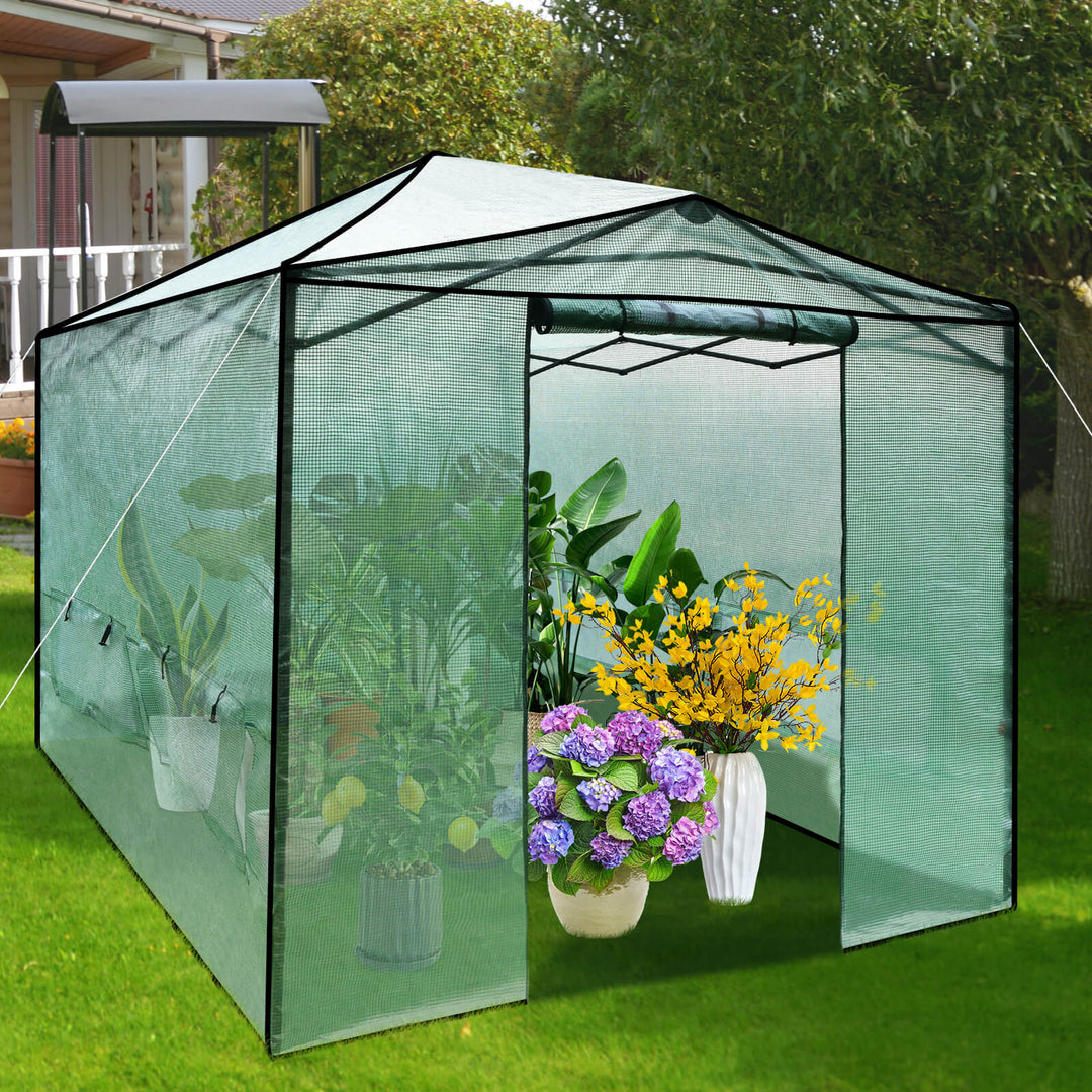 364 x 243 cm Folding Pop-up Greenhouse Walk-in with Zippered Doors-Green