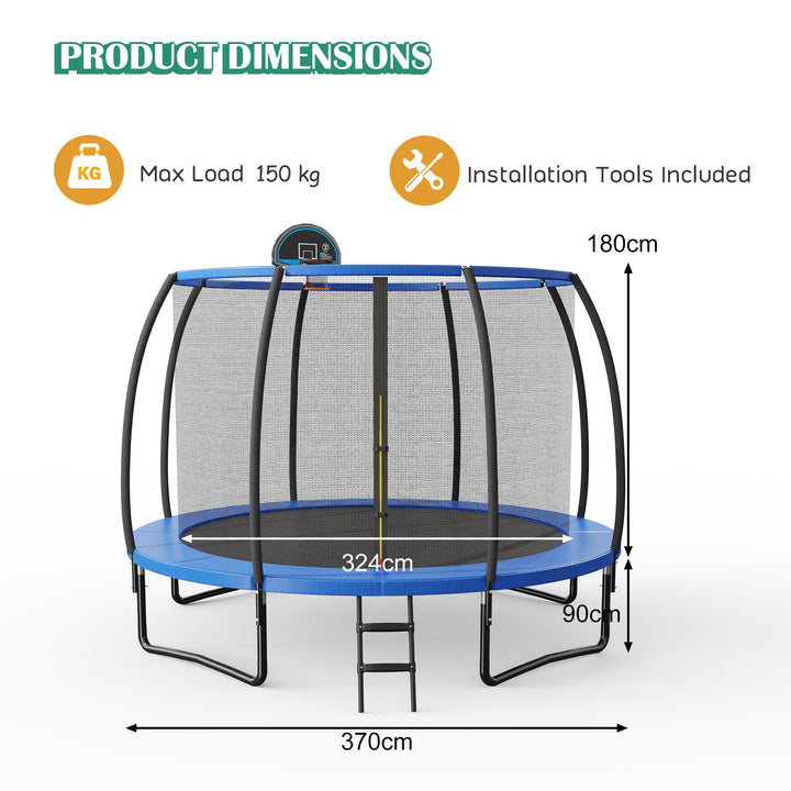 370cm Trampoline with Basketball Hoop and Safety Enclosure Net