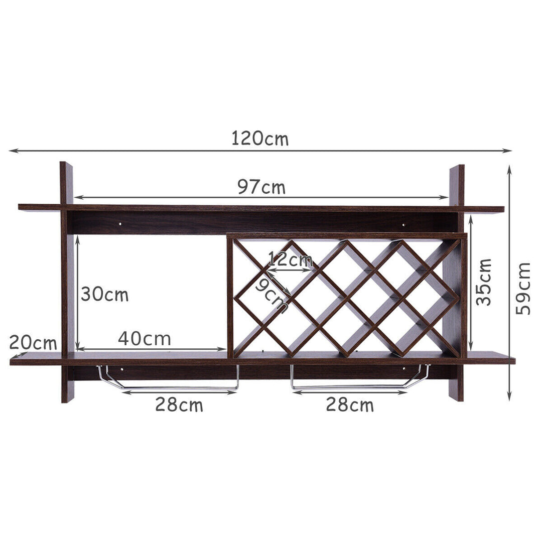 Wall-mounted Wine Rack with Wine Glass Holder-Walnut