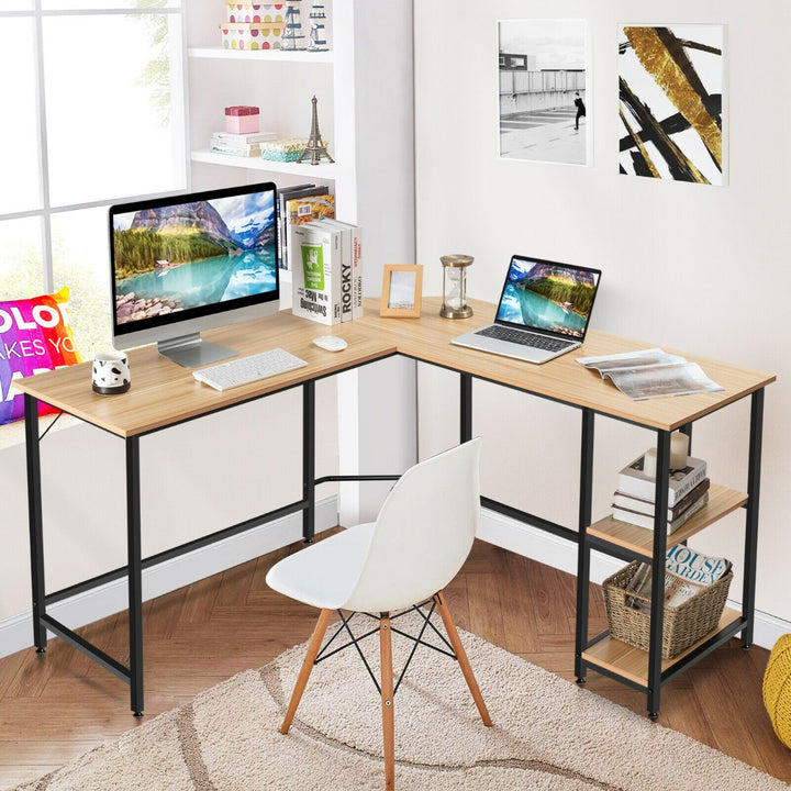 L Shaped Corner Computer Desk with 2 Tier Storage Shelf - TidySpaces