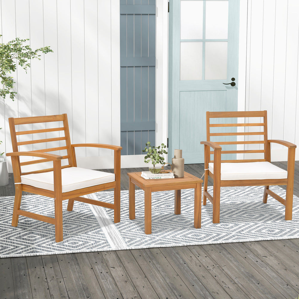 3 Pieces Acacia Wood Patio Conversation Set with Soft Cushions-White - TidySpaces