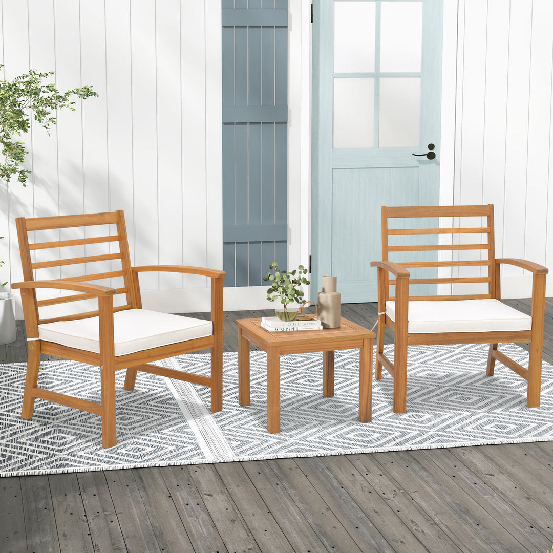 3 Pieces Acacia Wood Patio Conversation Set with Soft Cushions-White - TidySpaces