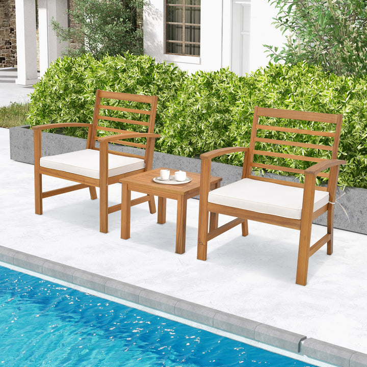 3 Pieces Acacia Wood Patio Conversation Set with Soft Cushions-White - TidySpaces