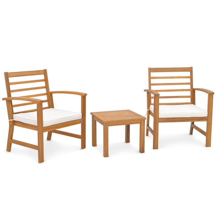 3 Pieces Acacia Wood Patio Conversation Set with Soft Cushions-White - TidySpaces