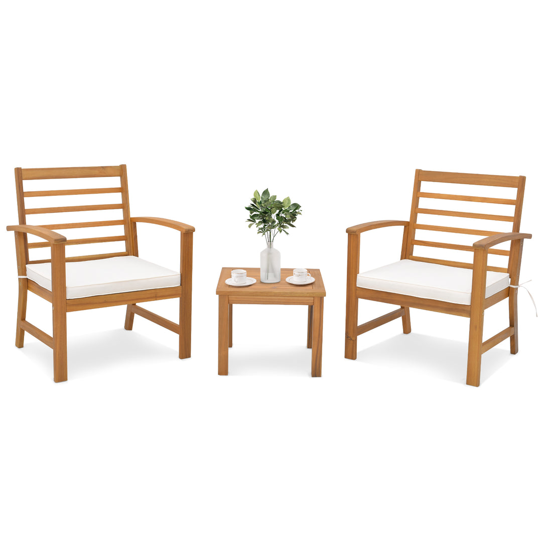 3 Pieces Acacia Wood Patio Conversation Set with Soft Cushions-White - TidySpaces