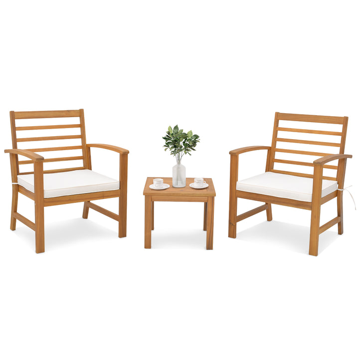 3 Pieces Acacia Wood Patio Conversation Set with Soft Cushions-White - TidySpaces