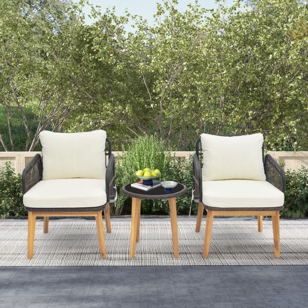 3 Pieces Patio Chair Set Rattan Bistro Set with Removable Zippered Cushions-White - TidySpaces