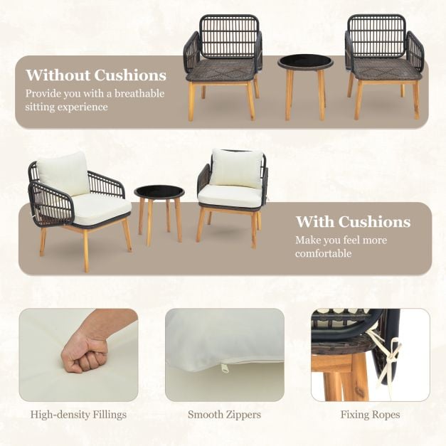 3 Pieces Patio Chair Set Rattan Bistro Set with Removable Zippered Cushions-White - TidySpaces