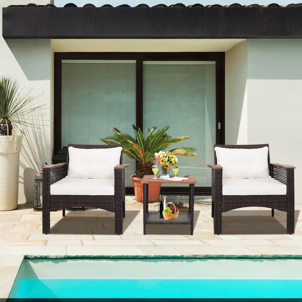 3 Pieces Patio Furniture Set PE Rattan Sofa Set with Acacia Wood Top Table - TidySpaces