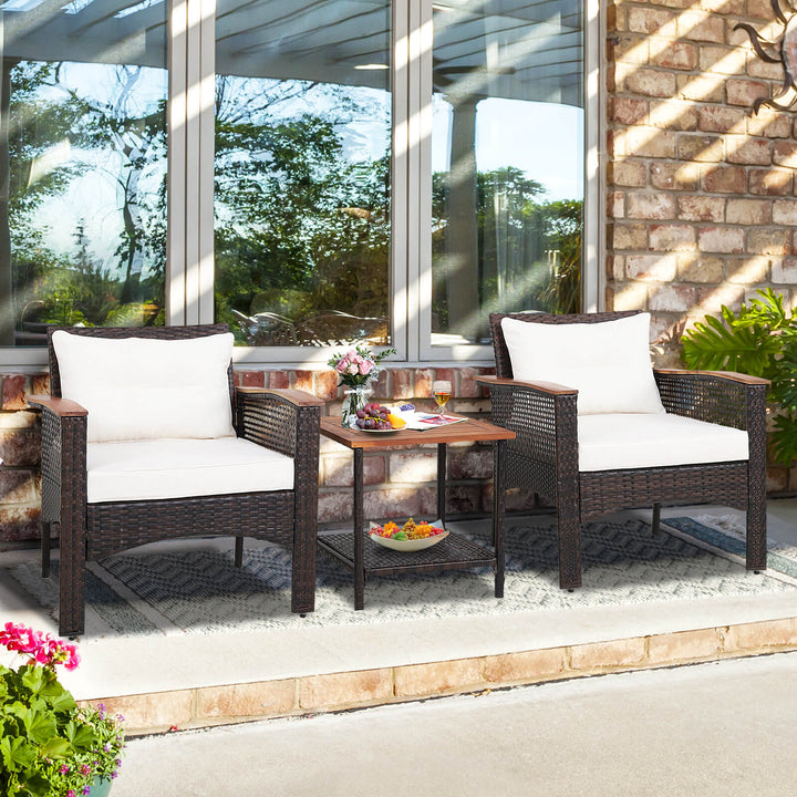 3 Pieces Patio Furniture Set PE Rattan Sofa Set with Acacia Wood Top Table - TidySpaces