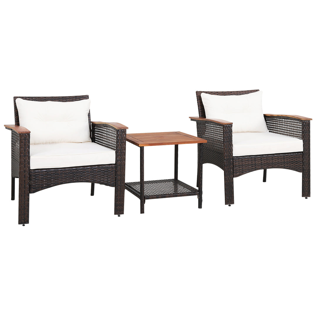 3 Pieces Patio Furniture Set PE Rattan Sofa Set with Acacia Wood Top Table - TidySpaces