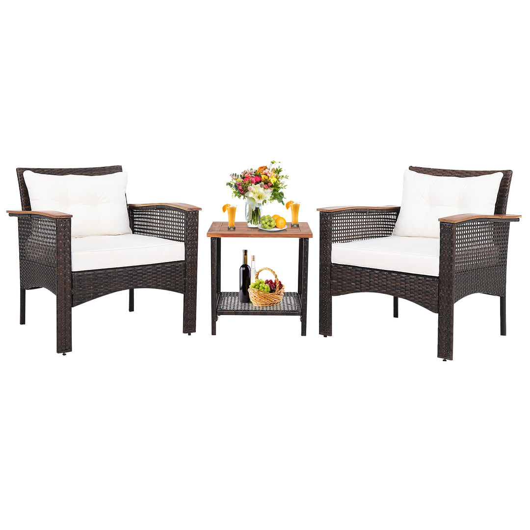3 Pieces Patio Furniture Set PE Rattan Sofa Set with Acacia Wood Top Table - TidySpaces