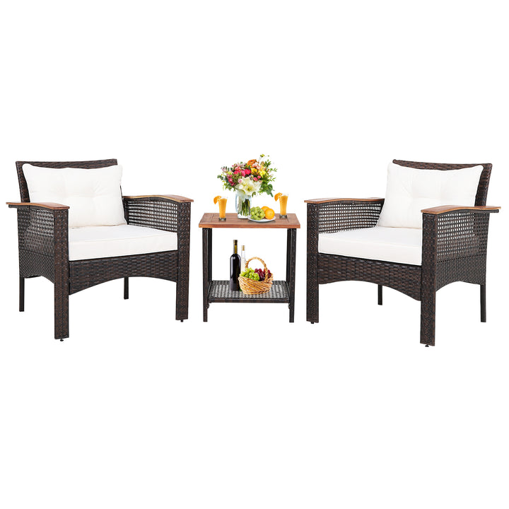 3 Pieces Patio Furniture Set PE Rattan Sofa Set with Acacia Wood Top Table - TidySpaces