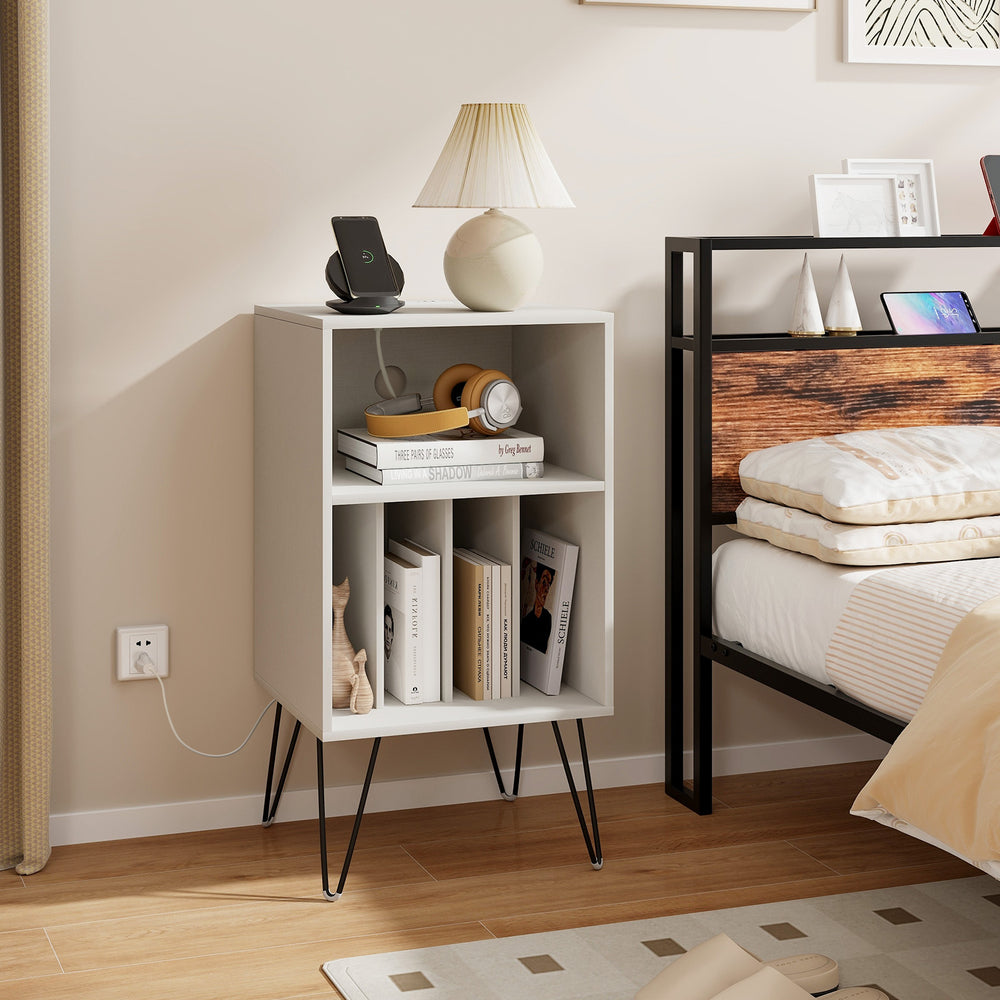 3-Tier Record Player Stand with Charging Station Shelf and 4 Dividers-White - TidySpaces