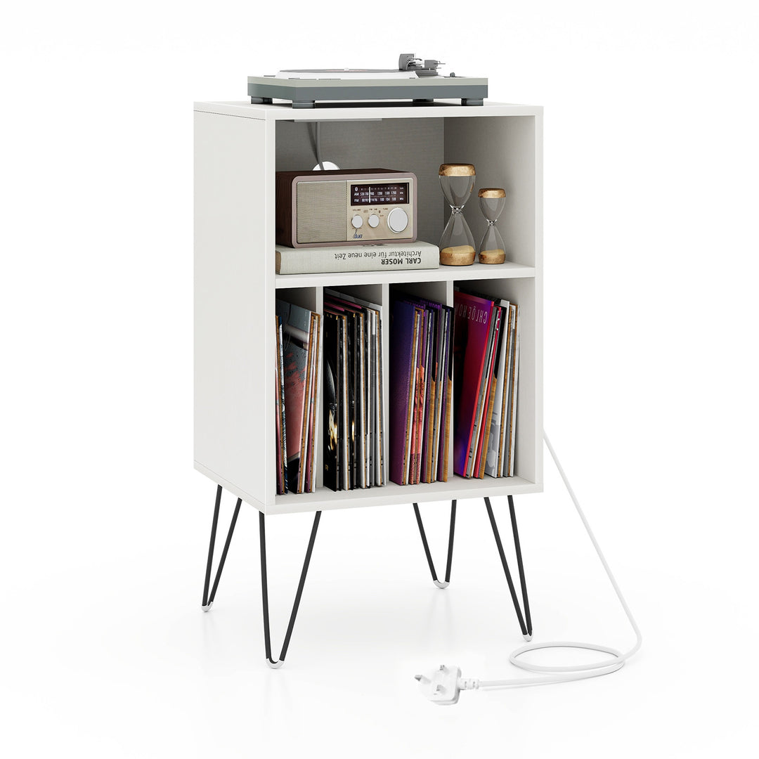 3-Tier Record Player Stand with Charging Station Shelf and 4 Dividers-White - TidySpaces