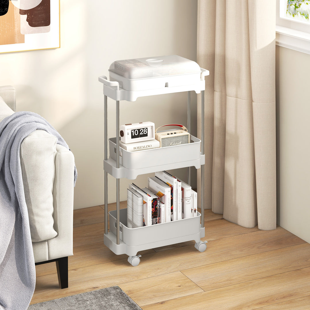 3-Tier Rolling Utility Cart Storage Trolley with Removable Cover and Shelves-White - TidySpaces