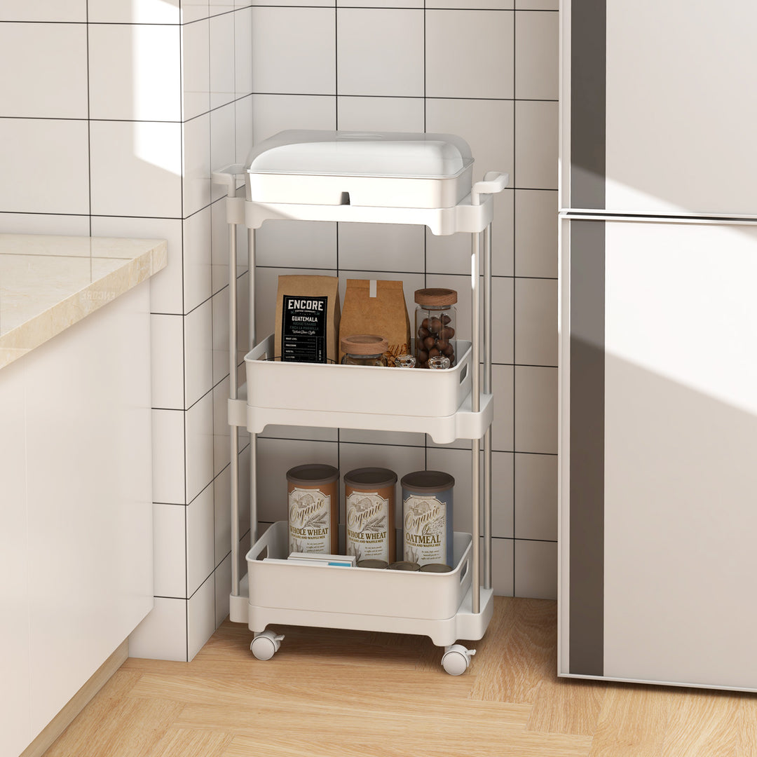 3-Tier Rolling Utility Cart Storage Trolley with Removable Cover and Shelves-White - TidySpaces