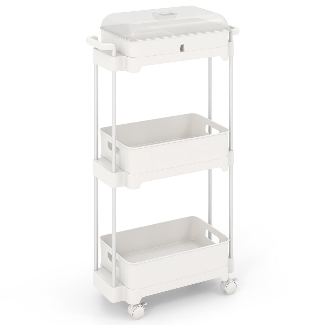 3-Tier Rolling Utility Cart Storage Trolley with Removable Cover and Shelves-White - TidySpaces
