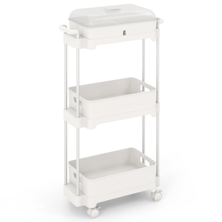 3-Tier Rolling Utility Cart Storage Trolley with Removable Cover and Shelves-White - TidySpaces