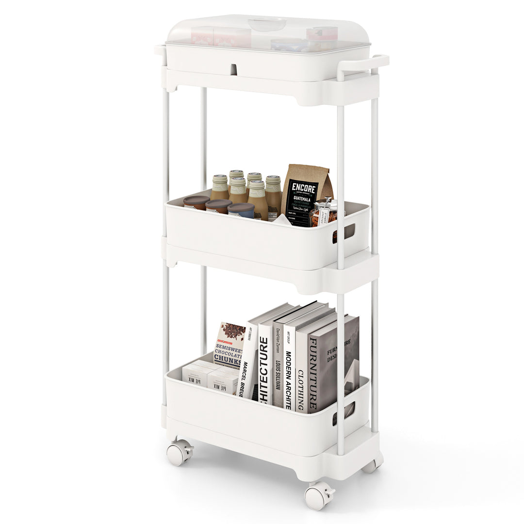 3-Tier Rolling Utility Cart Storage Trolley with Removable Cover and Shelves-White - TidySpaces