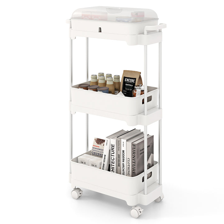 3-Tier Rolling Utility Cart Storage Trolley with Removable Cover and Shelves-White - TidySpaces