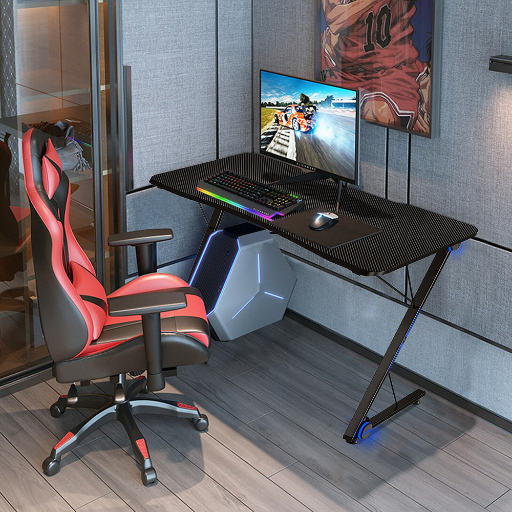 Z Shaped Ergonomic Gaming Desk with Blue Lights - TidySpaces