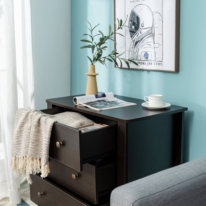 3 Drawer Wooden Dresser Chest of Drawers with Round Metal Knobs Coffee - TidySpaces