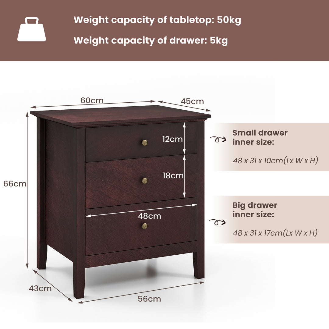 3-Drawer Wooden Nightstand with Storage and Wood Finish