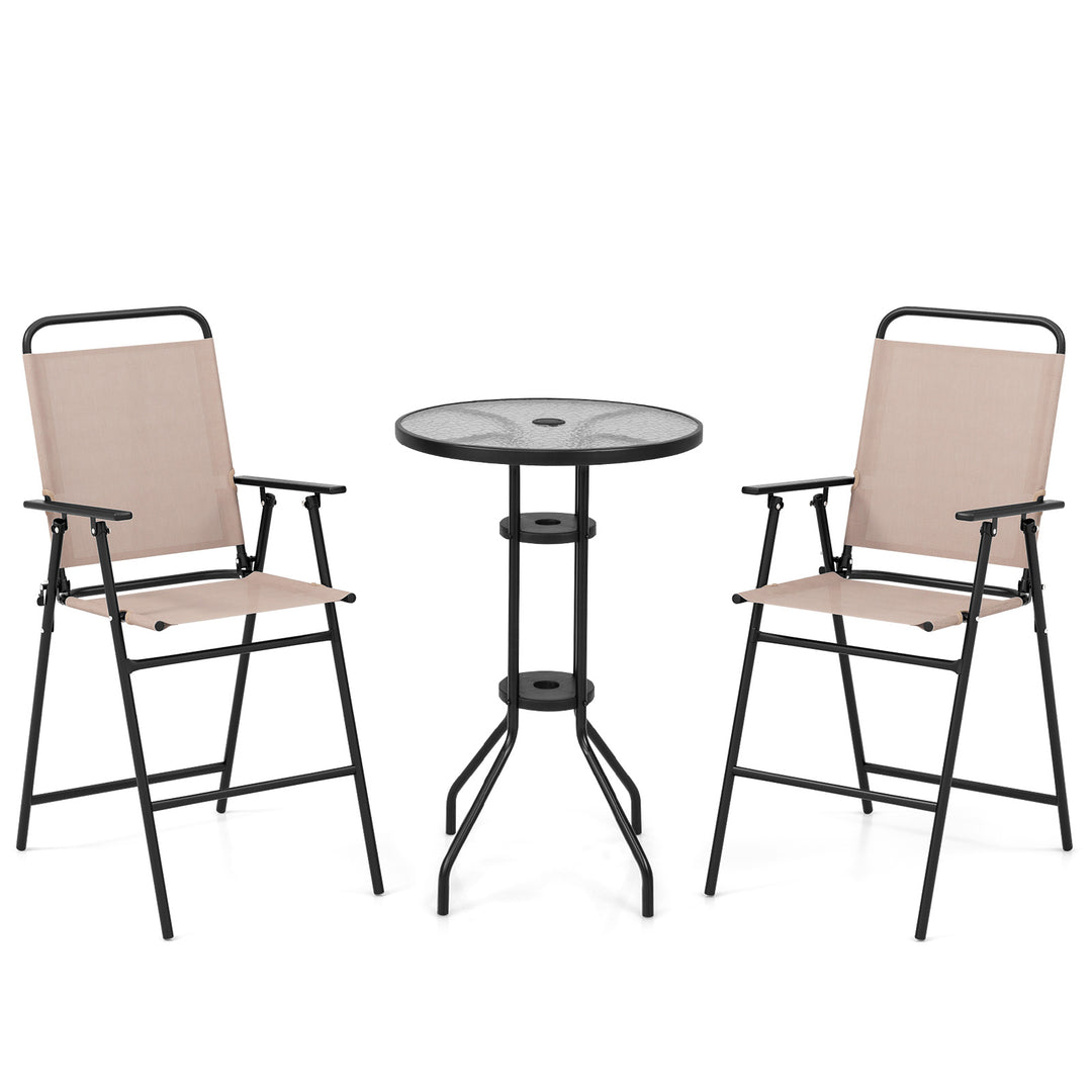 3 PCS Outdoor Bistro Set Patio Bar Table with 2 Folding Chairs-Beige