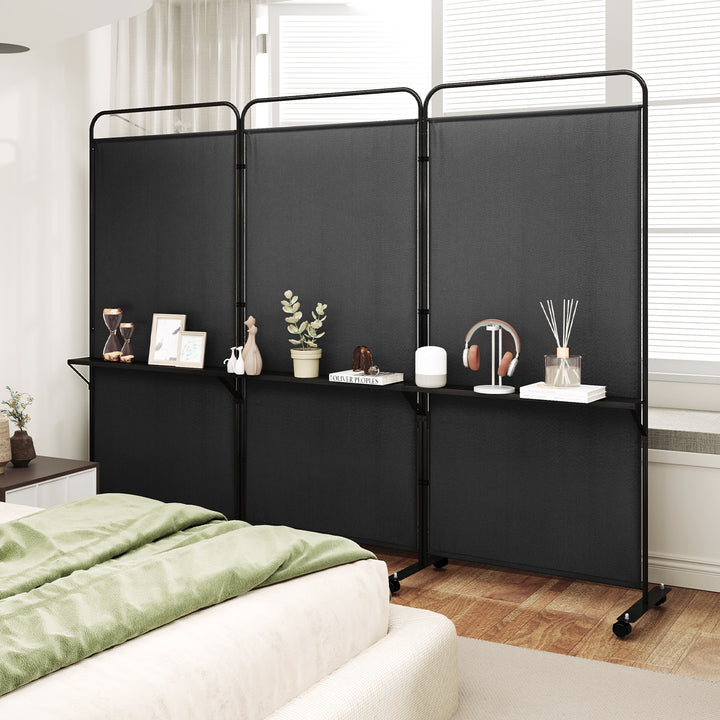 3-Panel Folding Room Divider Rolling Privacy Screen with 3 Metal Shelves - TidySpaces