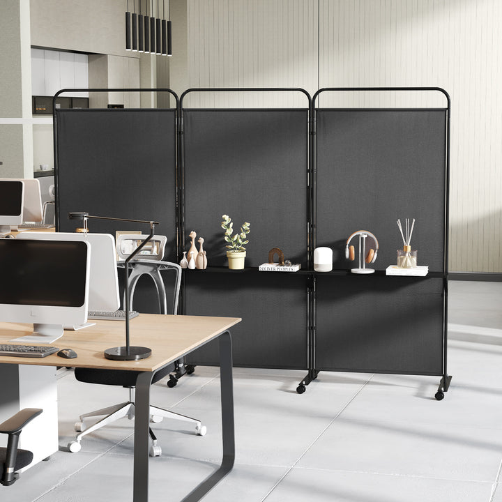 3-Panel Folding Room Divider Rolling Privacy Screen with 3 Metal Shelves - TidySpaces