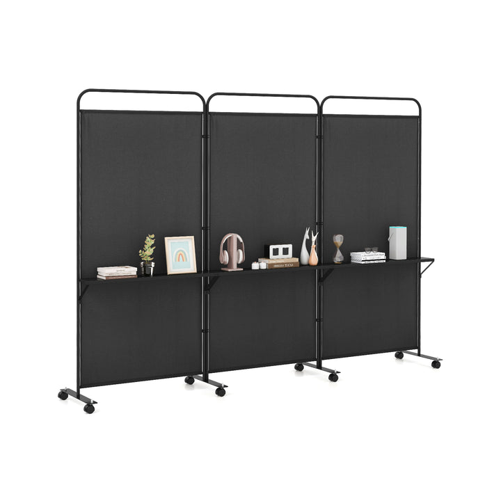 3-Panel Folding Room Divider Rolling Privacy Screen with 3 Metal Shelves - TidySpaces
