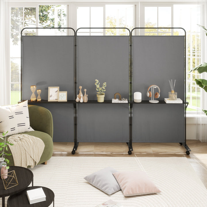 3-Panel Folding Room Divider Rolling Privacy Screen with 3 Metal Shelves - TidySpaces