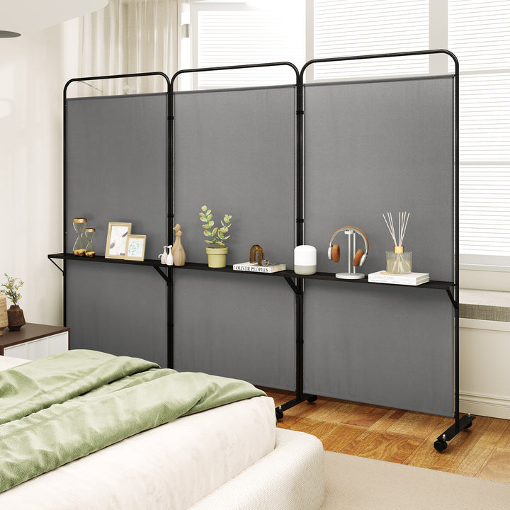 3-Panel Folding Room Divider Rolling Privacy Screen with 3 Metal Shelves - TidySpaces