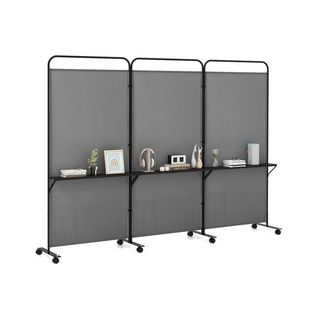 3-Panel Folding Room Divider Rolling Privacy Screen with 3 Metal Shelves - TidySpaces