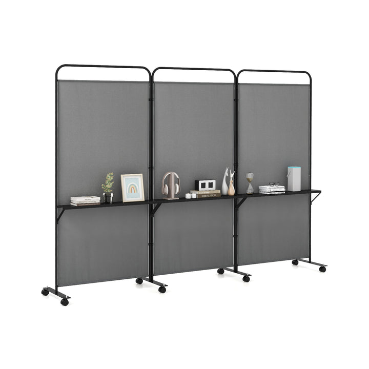3-Panel Folding Room Divider Rolling Privacy Screen with 3 Metal Shelves - TidySpaces