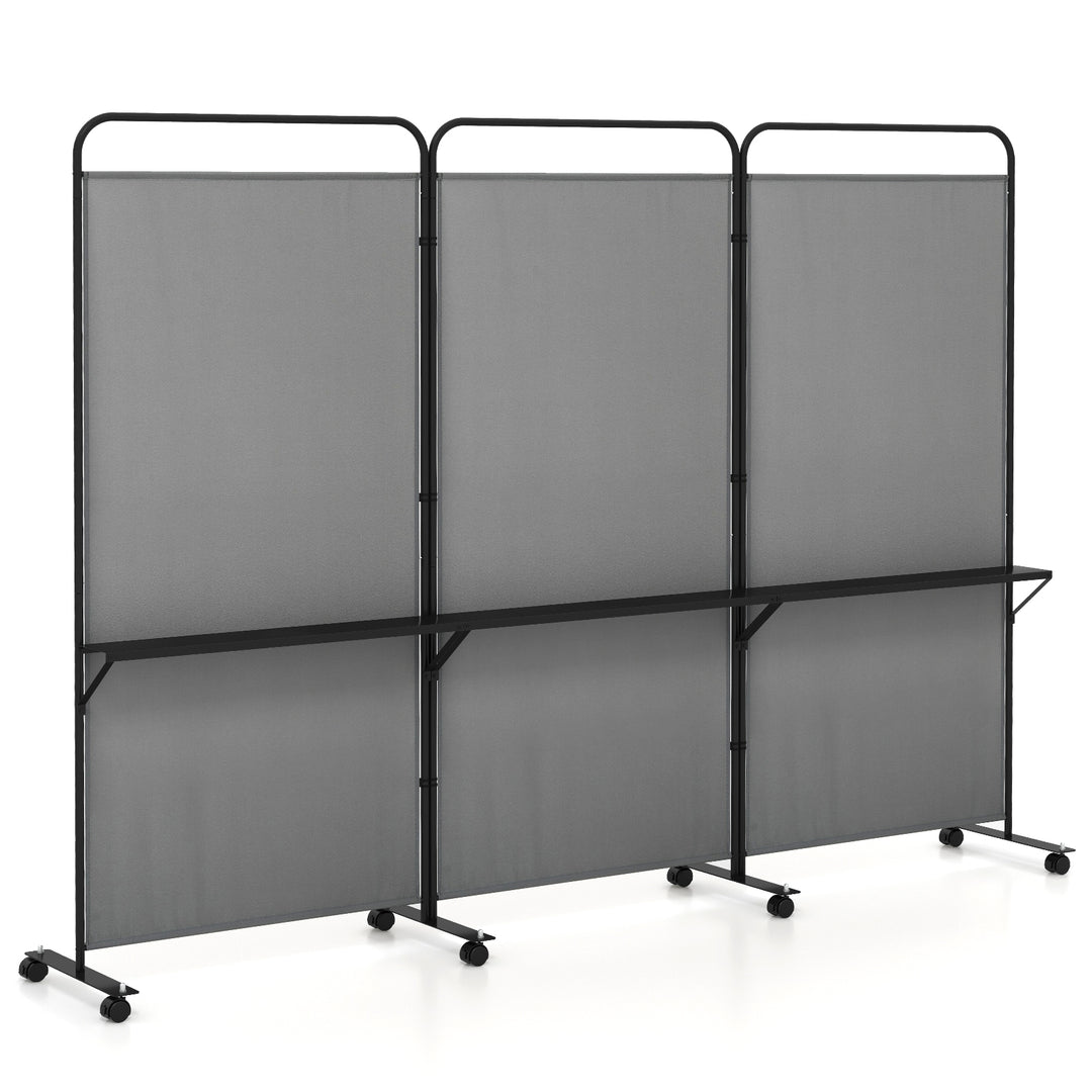 3-Panel Folding Room Divider Rolling Privacy Screen with 3 Metal Shelves - TidySpaces