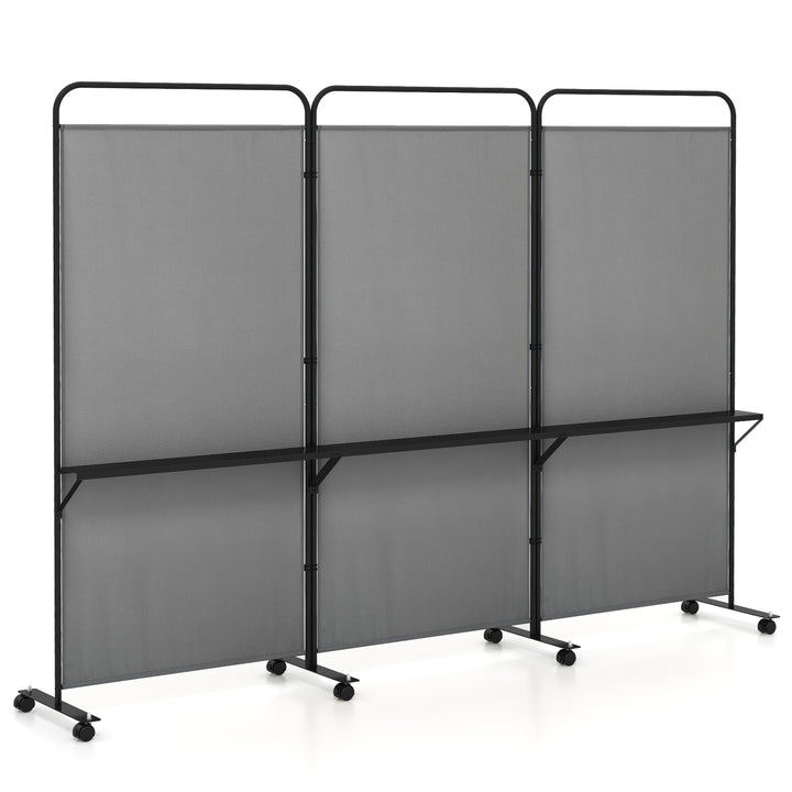 3-Panel Folding Room Divider Rolling Privacy Screen with 3 Metal Shelves - TidySpaces