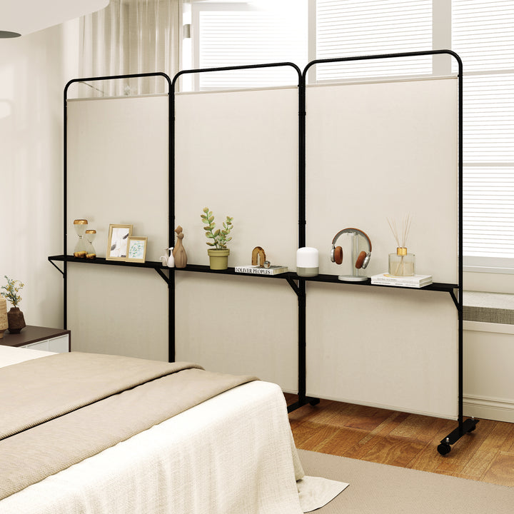 3-Panel Folding Room Divider Rolling Privacy Screen with 3 Metal Shelves - TidySpaces