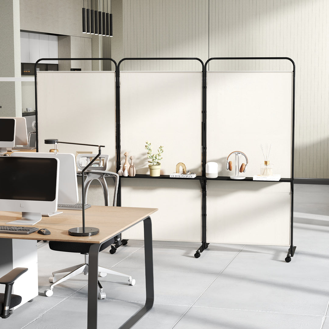 3-Panel Folding Room Divider Rolling Privacy Screen with 3 Metal Shelves - TidySpaces