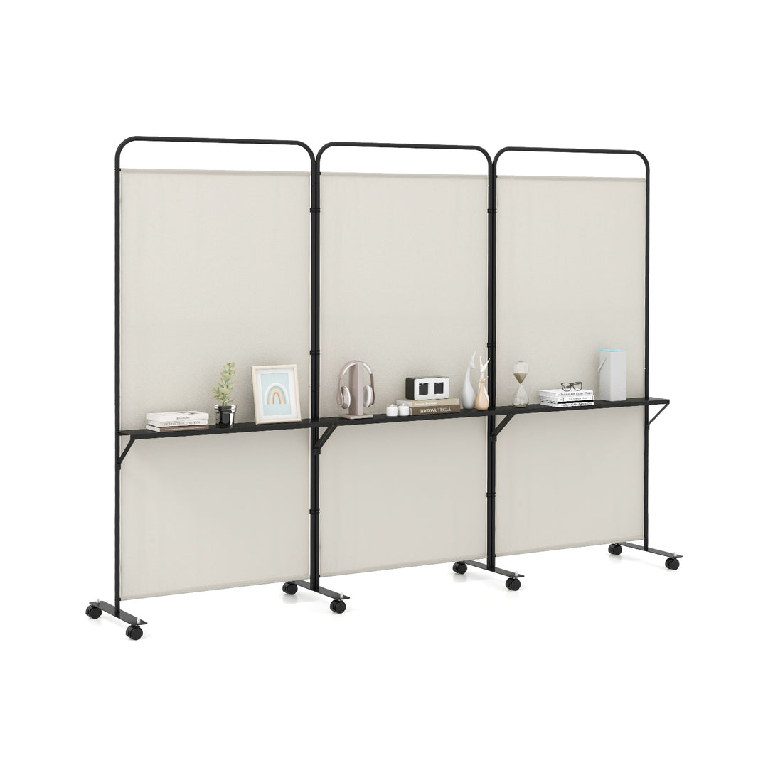 3-Panel Folding Room Divider Rolling Privacy Screen with 3 Metal Shelves - TidySpaces