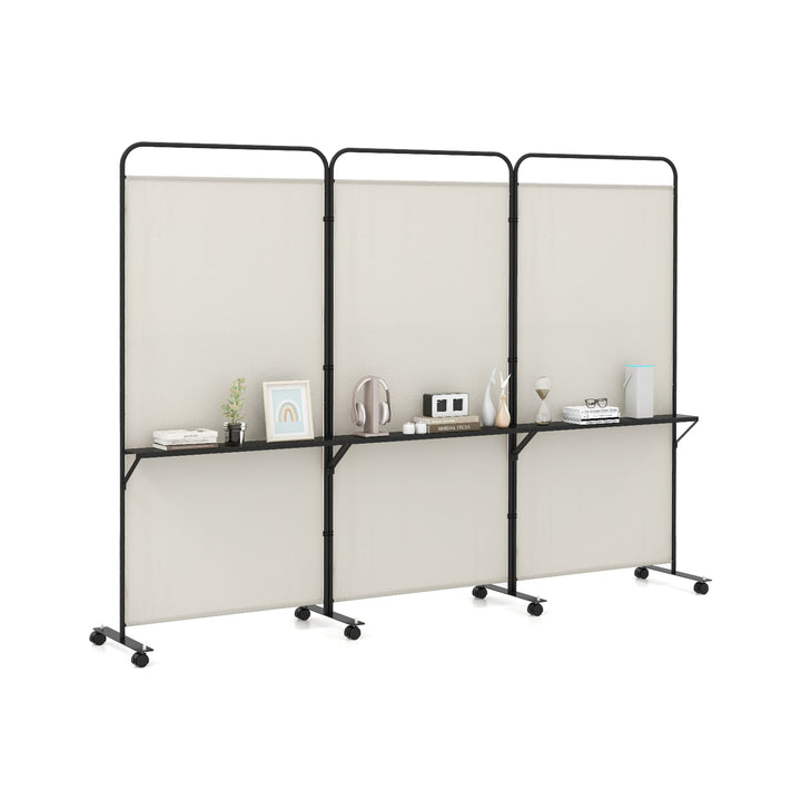 3-Panel Folding Room Divider Rolling Privacy Screen with 3 Metal Shelves - TidySpaces