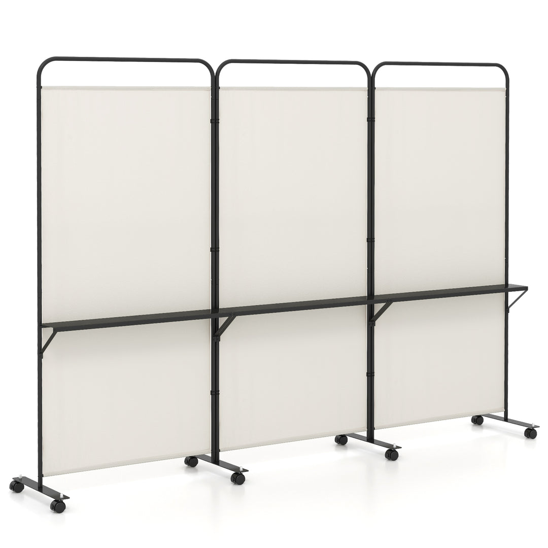 3-Panel Folding Room Divider Rolling Privacy Screen with 3 Metal Shelves - TidySpaces