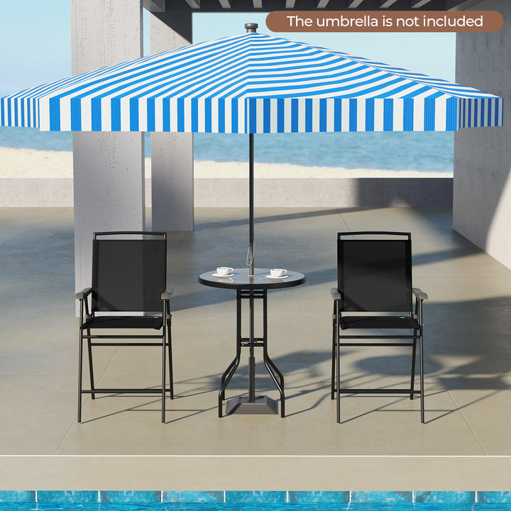 3-Piece Outdoor Bar Stool Set with DPC Tabletop and Umbrella Hole and Footrest-Black - TidySpaces