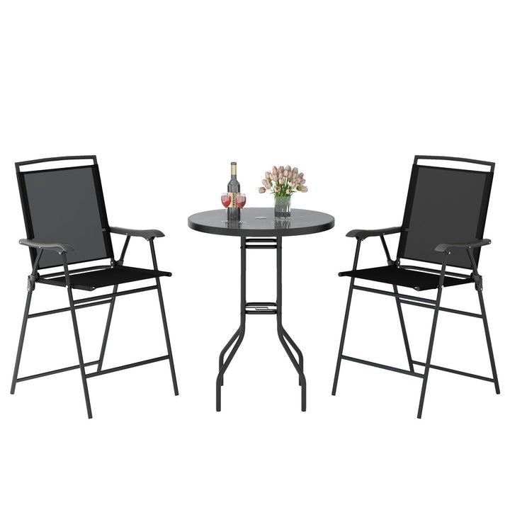 3-Piece Outdoor Bar Stool Set with DPC Tabletop and Umbrella Hole and Footrest-Black - TidySpaces
