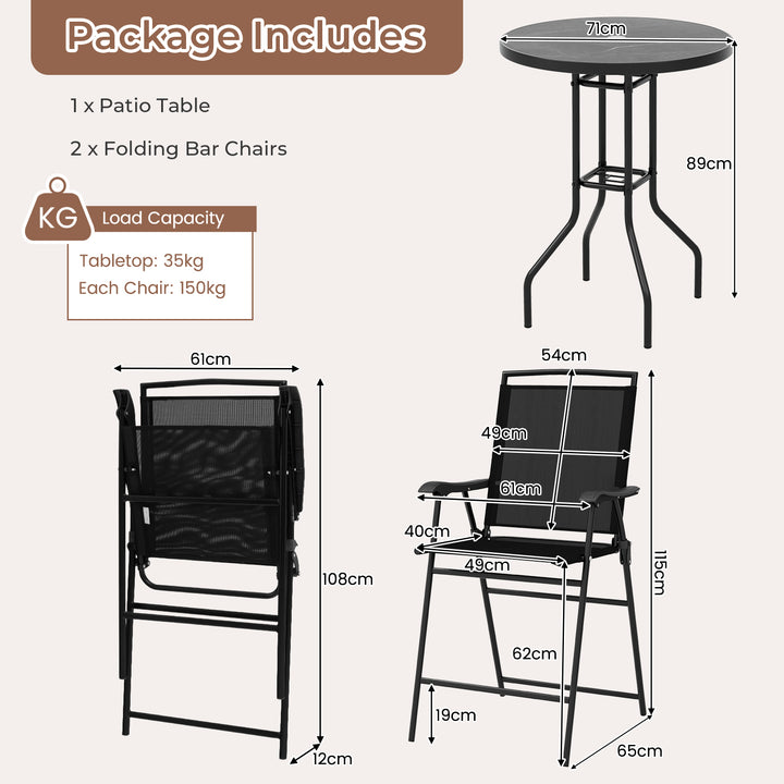 3-Piece Outdoor Bar Stool Set with DPC Tabletop and Umbrella Hole and Footrest-Black - TidySpaces