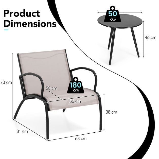 3 Piece Patio Chair Set Metal Aluminum Wide Armchair and Table Set-Light Grey