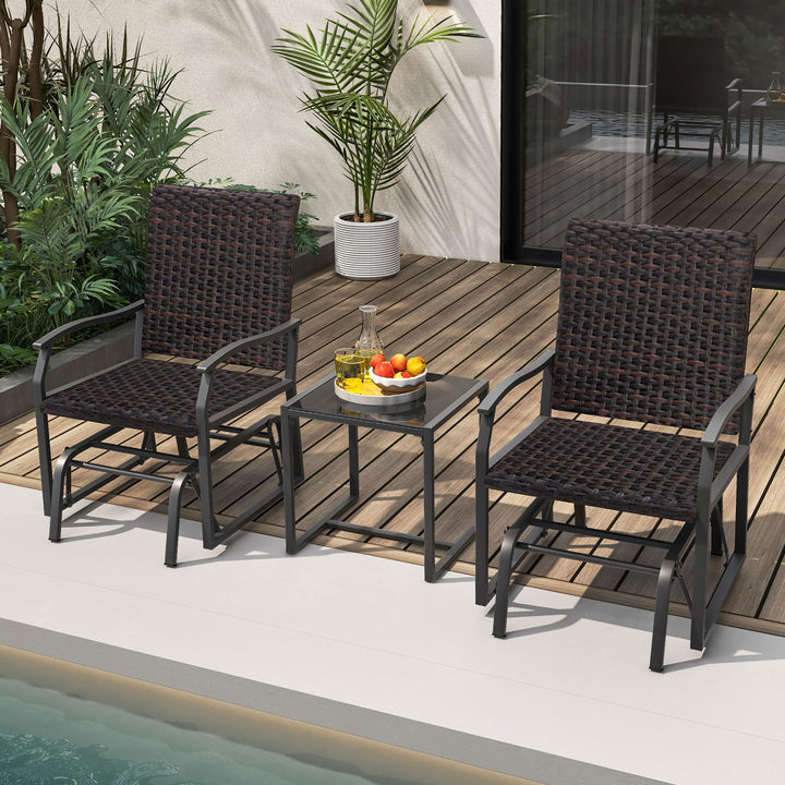 3 Piece Patio Gliding Set with Tempered Glass Coffee Table-Brown